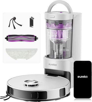 Eureka E20 EVO Plus Robot Aspirador y Fregasuelos 10000 Pa con Base Autovaciado, Navegación Láser, Duración de Batería 180 Min, Aspiradora Inteligente Antienredo para Suelos Duros, Alfombras, Pelo